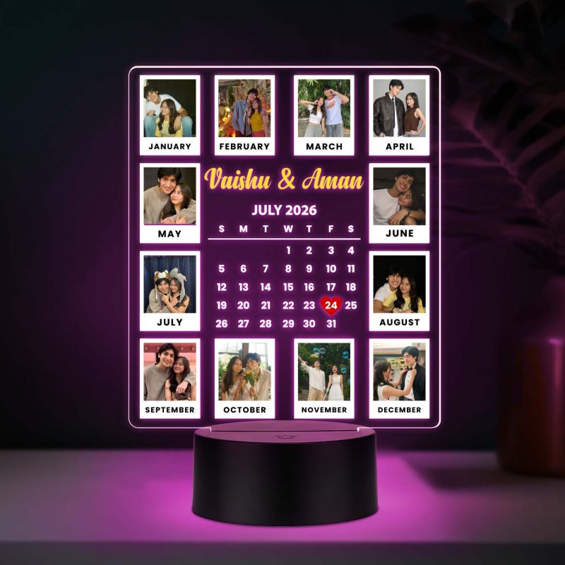 Calendar Couple Photo UV Print Lamp with Multicolored Light Unique Anniversary, Birthday, or Wedding Gift for Couples, Wife, Husband